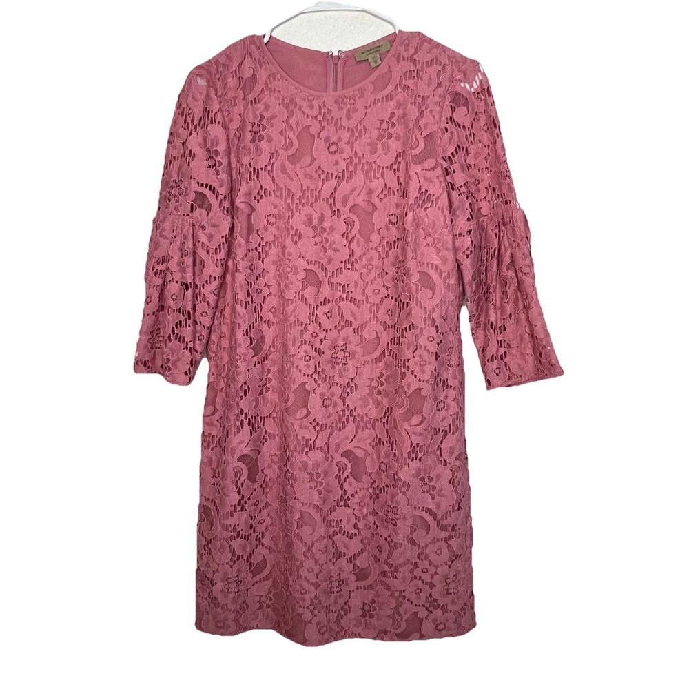 Burberry All-Lace Pink Sheath Dress Size 6 Bell Sleeve Cocktail Wedding i14